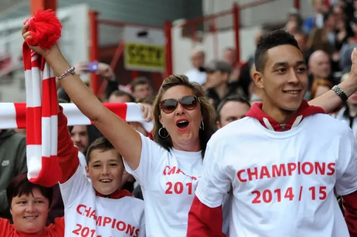 Framed Print : Bristol City FC: Ecstatic Fans Celebrate Promotion to Sky Bet Championship at Ashton Gate, 03.05.2015
