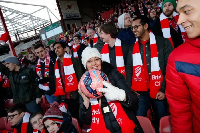 Framed Print : Bristol City FC: A Fan with the Matchball Before the Bristol City vs. West Ham United FA Cup Match, 2015