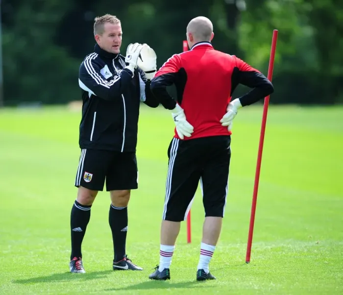 Framed Print : Bristol City FC: Goalkeepers Lee Kendall and Frank Fielding in Pre-Season Training Framed Print : Bristol City FC: Goalkeepers Lee Kendall and Frank Fielding in Pre-Season Training