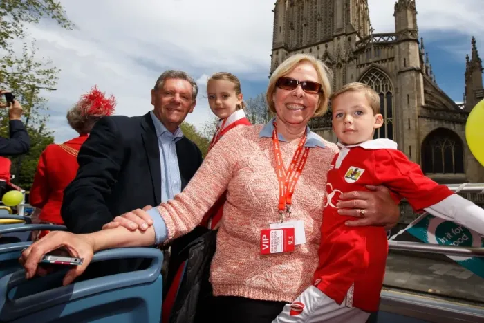 Framed Print : Bristol City FC: Grandparents Doug and Kay Harman Join Open Top Bus Parade to Celebrate League 1 and Johnstones Paint Trophy Titles, and Promotion to Championship