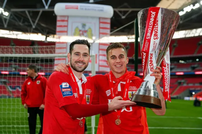 Framed Print : Bristol City FC: Greg Cunningham and Joe Bryan Celebrate Johnstones Paint Trophy Victory over Walsall (2015) Framed Print : Bristol City FC: Greg Cunningham and Joe Bryan Celebrate Johnstones Paint Trophy Victory over Walsall (2015)
