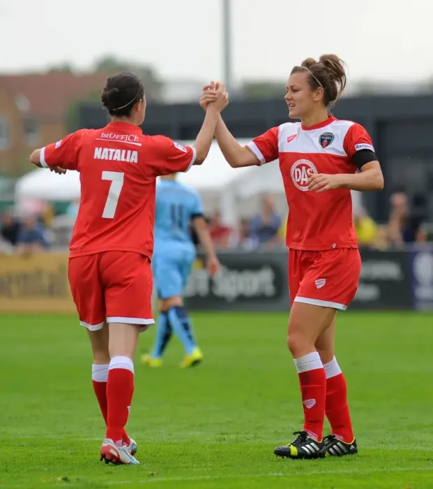 Framed Print : Bristol City FC: Jemma Rose and Natalia Pablos Sanchon Celebrate Goal Against Manchester City Ladies