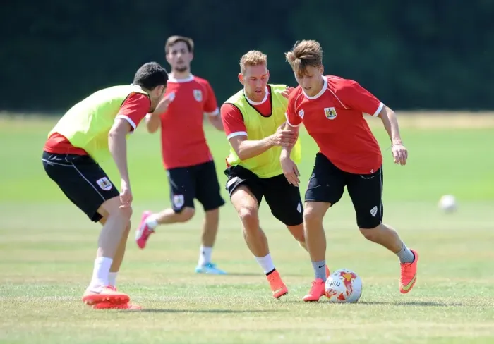 Framed Print : Bristol City FC: Luke Freeman vs. Scott Wagstaff - Intense Training Clash, July 2014 Framed Print : Bristol City FC: Luke Freeman vs. Scott Wagstaff - Intense Training Clash, July 2014