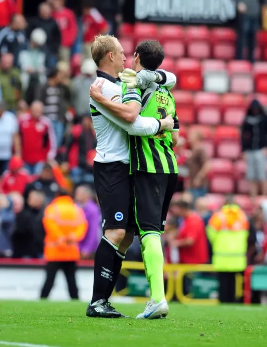 Framed Print : Bristol City FC: Marcos Painter and Casper Ankergren Celebrate Championship Victory over Brighton at Ashton Gate Stadium (10-09-2011) Framed Print : Bristol City FC: Marcos Painter and Casper Ankergren Celebrate Championship Victory over Brighton at Ashton Gate Stadium (10-09-2011)