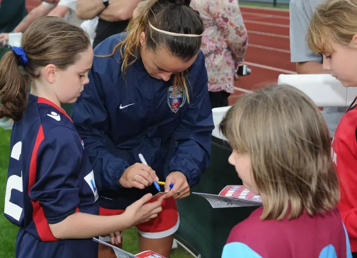 Framed Print : Bristol City FC: Natasha Harding of Bristol Academy Women Signs Autographs for Fans During BAWFC vs Manchester City Womens Match
