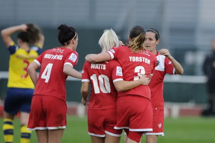 Framed Print : Bristol City FC: Nikki Watts Scores and Celebrates with Team against Arsenal Ladies (BAWFC v Arsenal Ladies, FA Womens Super League) Framed Print : Bristol City FC: Nikki Watts Scores and Celebrates with Team against Arsenal Ladies (BAWFC v Arsenal Ladies, FA Womens Super League)