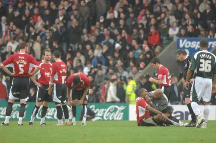 Framed Print : Bristol City FC: Physio at Work during Plymouth Match