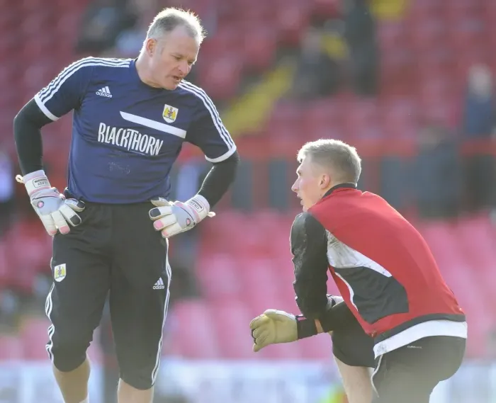 Framed Print : Bristol City FC: Simon Moore and David Coles during Pre-Match Warm-Up vs Carlisle United (01 / 02 / 2014) Framed Print : Bristol City FC: Simon Moore and David Coles during Pre-Match Warm-Up vs Carlisle United (01 / 02 / 2014)