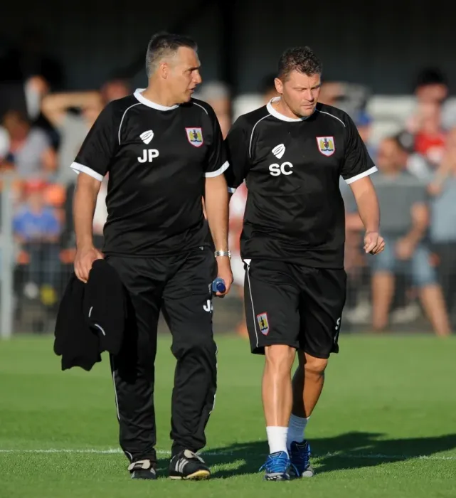 Framed Print : Bristol City FC: Steve Cotterill and John Pemberton at Weston Super Mare's Woodspring Stadium (Pre-Season Friendly, 2014)