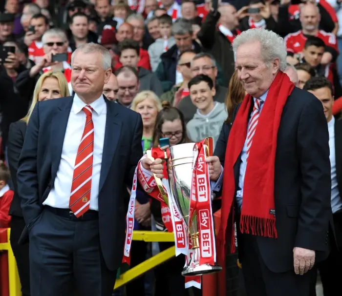 Framed Print : Bristol City FC: Steve Lansdown and Keith Dawe Celebrate League One Victory with the Trophy Framed Print : Bristol City FC: Steve Lansdown and Keith Dawe Celebrate League One Victory with the Trophy