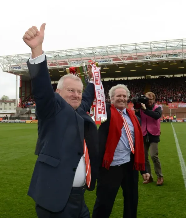Framed Print : Bristol City FC: Steve Lansdown's Triumphant Celebration after Winning Sky Bet League One against Walsall, May 2015