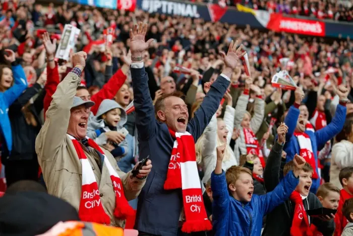 Framed Print : Bristol City FC: Thrilling Moment Fans Celebrate Second Goal in Johnstones Paint Trophy Final at Wembley Stadium Framed Print : Bristol City FC: Thrilling Moment Fans Celebrate Second Goal in Johnstones Paint Trophy Final at Wembley Stadium