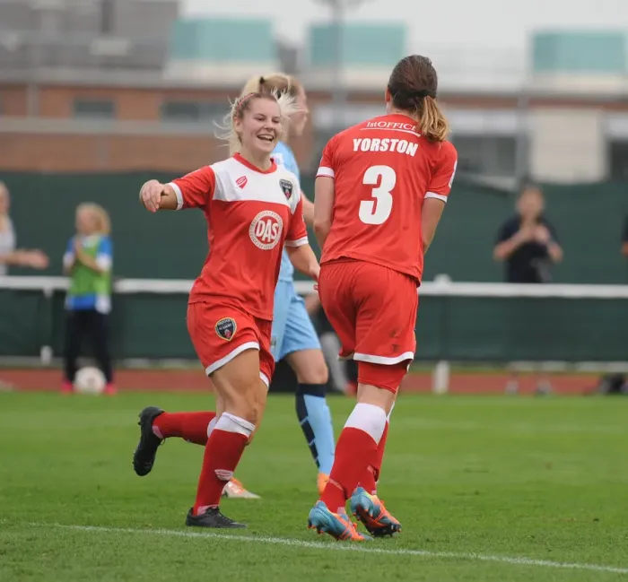 Framed Print : Bristol City FC: Thrilling WSL Win - Corinne Yorston Scores, Nicola Watts Celebrates