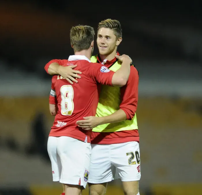 Framed Print : Bristol City FC: Wade Elliott and Wes Burns Jubilant Reaction to Win Against Port Vale Framed Print : Bristol City FC: Wade Elliott and Wes Burns Jubilant Reaction to Win Against Port Vale