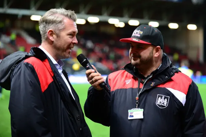 Framed Print : Bristol City FC: Willie Kirk Interviewed Pitchside During Bristol City vs Brighton and Hove Albion, Sky Bet Championship Match Framed Print : Bristol City FC: Willie Kirk Interviewed Pitchside During Bristol City vs Brighton and Hove Albion, Sky Bet Championship Match