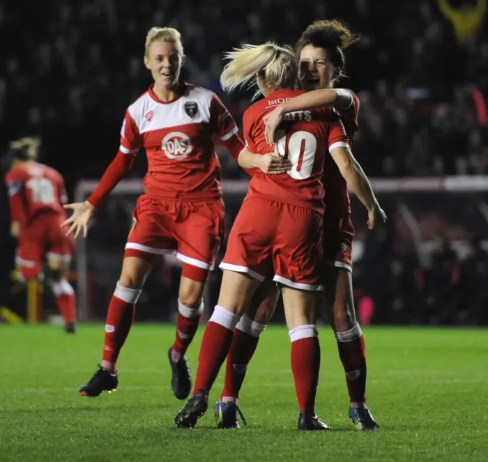Framed Print : Bristol City FC Women: Nikki Watts and Angharad James Celebrate Historic Goal Against FC Barcelona in Champions League Framed Print : Bristol City FC Women: Nikki Watts and Angharad James Celebrate Historic Goal Against FC Barcelona in Champions League