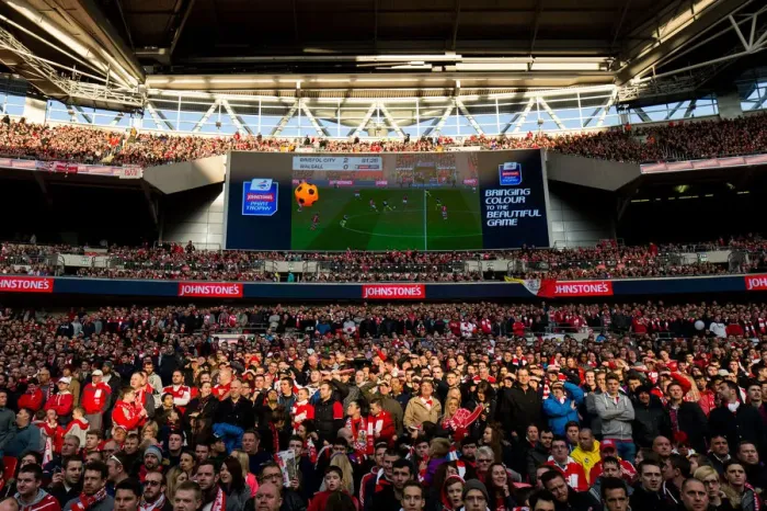 Framed Print : Bristol City FC's Euphoric Fans Celebrate 2-0 Lead at Wembley, Johnstones Paint Trophy Final Framed Print : Bristol City FC's Euphoric Fans Celebrate 2-0 Lead at Wembley, Johnstones Paint Trophy Final