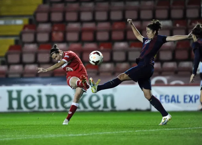 Framed Print : Bristol City FC's Natalia Pablos Sanchon Faces FC Barcelona in Champions League Action at Ashton Gate Framed Print : Bristol City FC's Natalia Pablos Sanchon Faces FC Barcelona in Champions League Action at Ashton Gate
