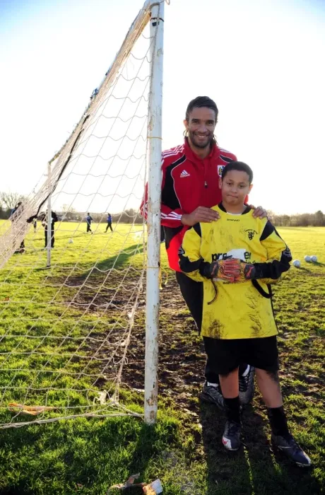 Framed Print : Bristol City First Team at Ashton Park School with David James - Season 10-11