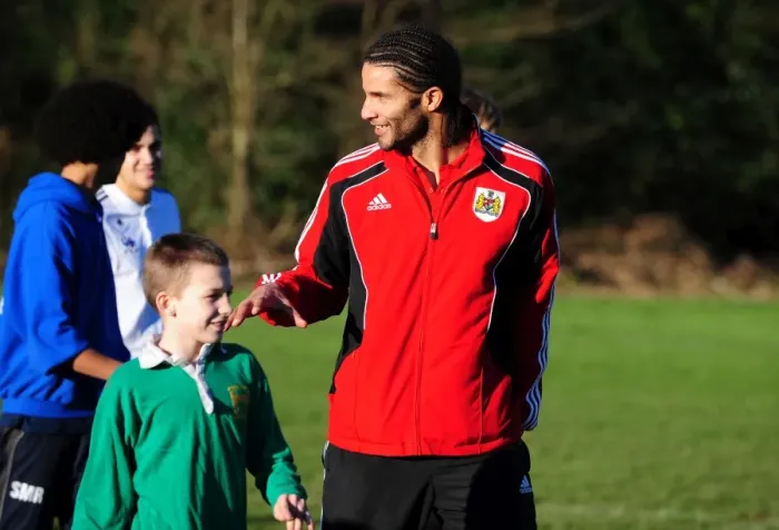 Framed Print : Bristol City First Team at Ashton Park School with David James - Season 10-11