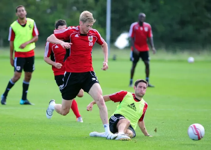 Framed Print : Bristol City First Team: Gearing Up for Season 10-11 - Training Session on September 9, 2010