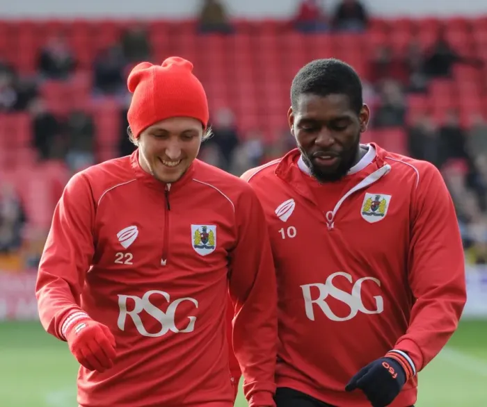 Framed Print : Bristol City Football Club: Luke Ayling and Jay Emmanuel-Thomas Warming Up Ahead of Bristol City vs Rochdale (February 28, 2015)
