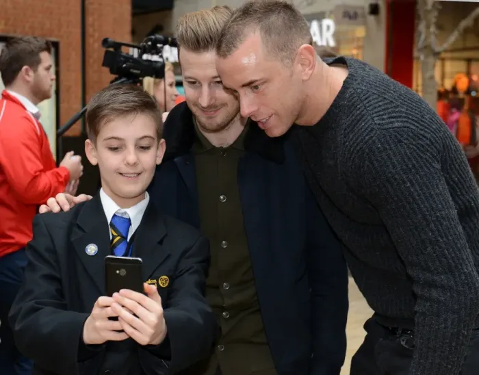 Framed Print : Bristol City Football Club: Fan's Selfie with Wade Elliott and Aaron Wilbraham at Cabot Circus (Johnstones Paint Trophy) Framed Print : Bristol City Football Club: Fan's Selfie with Wade Elliott and Aaron Wilbraham at Cabot Circus (Johnstones Paint Trophy)