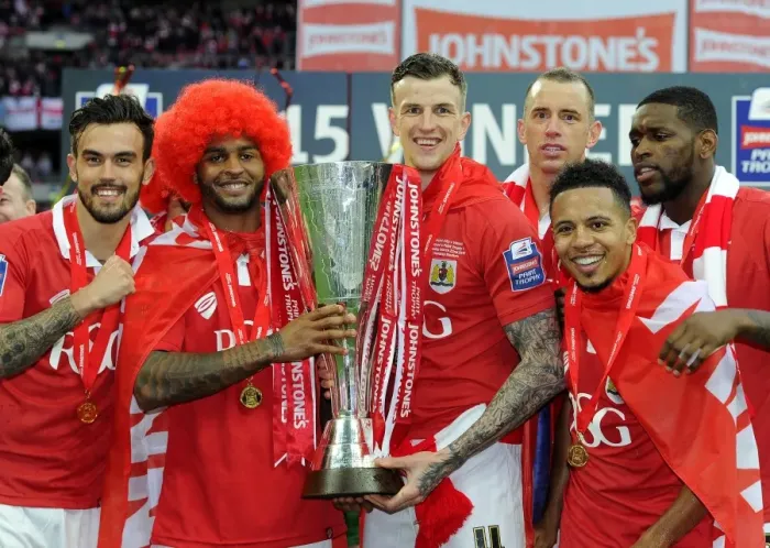 Framed Print : Bristol City Football Club: Mark Little and Aden Flint Celebrate Johnstone's Paint Trophy Victory at Wembley Stadium