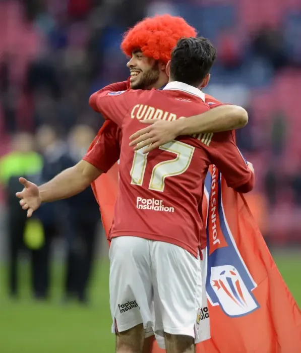 Framed Print : Bristol City Football Club: Derrick Williams and Greg Cunningham Celebrate Johnstone's Paint Trophy Victory at Wembley Stadium Framed Print : Bristol City Football Club: Derrick Williams and Greg Cunningham Celebrate Johnstone's Paint Trophy Victory at Wembley Stadium