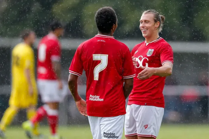 Framed Print : Bristol City Football Club: Luke Freeman and Korey Smith Celebrate Preseason Victory over Keynsham Town and Brislington Framed Print : Bristol City Football Club: Luke Freeman and Korey Smith Celebrate Preseason Victory over Keynsham Town and Brislington