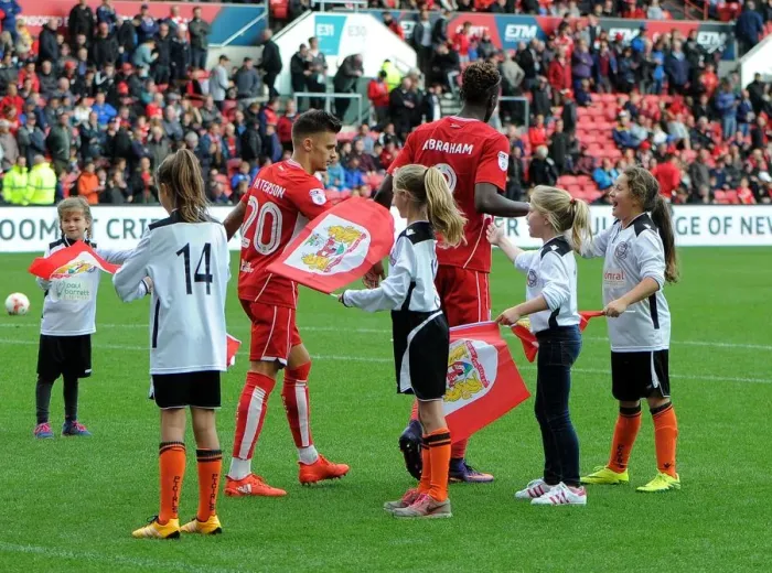 Framed Print : Bristol City Football Club: Jamie Paterson and Tammy Abraham with Portishead Town Flag Bearers at Ashton Gate Stadium during Bristol City vs. Nottingham Forest (Sky Bet Championship) Framed Print : Bristol City Football Club: Jamie Paterson and Tammy Abraham with Portishead Town Flag Bearers at Ashton Gate Stadium during Bristol City vs. Nottingham Forest (Sky Bet Championship)