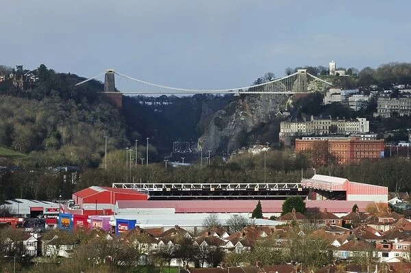 Bristol City Football Club at Ashton Gate Stadium with Clifton Suspension Bridge Backdrop