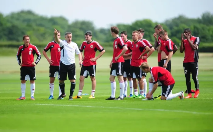 Framed Print : Bristol City Football Club: Assistant Manager John Pemberton Addresses Squad During Pre-Season Training Framed Print : Bristol City Football Club: Assistant Manager John Pemberton Addresses Squad During Pre-Season Training