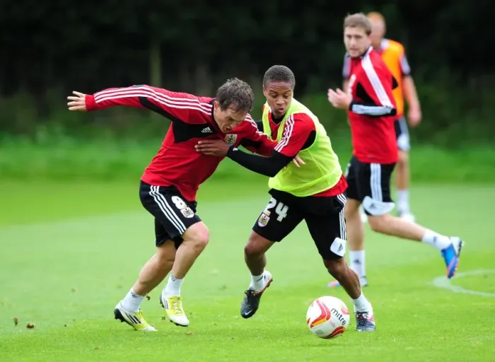 Framed Print : Bristol City Football Club: Bobby Reid vs Neil Kilkenny - Intense Training Showdown Framed Print : Bristol City Football Club: Bobby Reid vs Neil Kilkenny - Intense Training Showdown