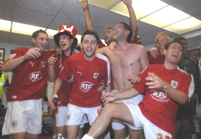 Framed Print : Bristol City Football Club: Celebrating Promotion in the Dressing Room