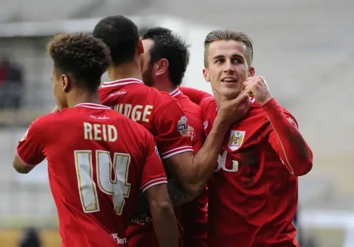 Framed Print : Bristol City Football Club: Championship Victory Celebration - Odemwingie, Reid, Bryan, and Tomlin Rejoice After Goal Against Bolton Wanderers (19 March 2016)