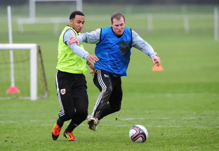 Framed Print : Bristol City Football Club: David Clarkson and Nicky Maynard Compete for the Ball During Training Framed Print : Bristol City Football Club: David Clarkson and Nicky Maynard Compete for the Ball During Training