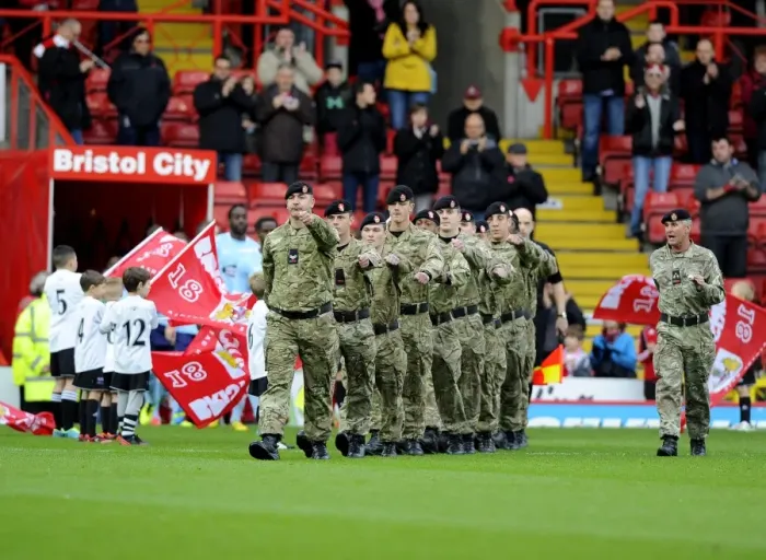 Framed Print : Bristol City Football Club: FA Cup First Round - Soldiers Lead Team Out Against Dagenham and Redbridge Framed Print : Bristol City Football Club: FA Cup First Round - Soldiers Lead Team Out Against Dagenham and Redbridge