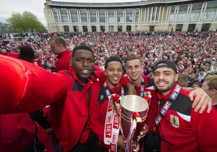 Framed Print : Bristol City Football Club: Jay Emmanuel-Thomas, Korey Smith, Joe Bryan, and Derrick Williams Celebrate with Fans at the Amphitheatre (04 / 05 / 2015)