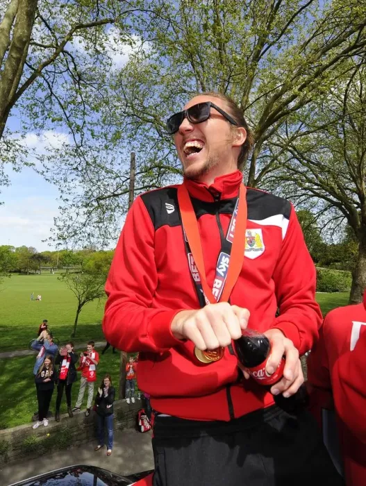 Framed Print : Bristol City Football Club: Luke Ayling's Triumphant Moment on the Celebration Tour (May 2015) Framed Print : Bristol City Football Club: Luke Ayling's Triumphant Moment on the Celebration Tour (May 2015)