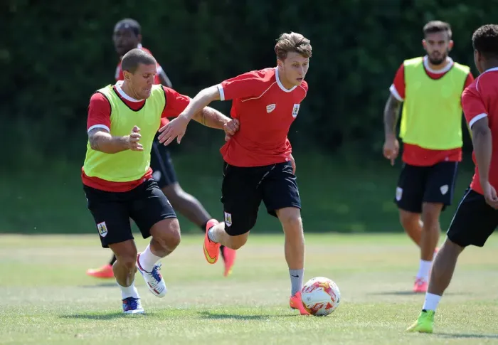 Framed Print : Bristol City Football Club: Luke Freeman vs. Adam El-Abd - Intense Training Clash (July 2, 2014)