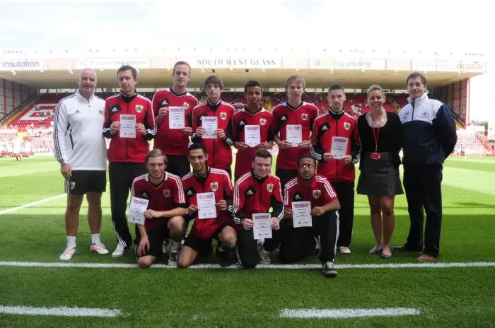 Framed Print : Bristol City Football Club: NVQ Scholars Celebrate at Ashton Gate after Win against Bradford City (3rd August 2013) Framed Print : Bristol City Football Club: NVQ Scholars Celebrate at Ashton Gate after Win against Bradford City (3rd August 2013)