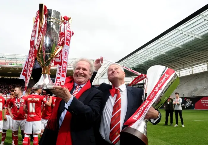 Framed Print : Bristol City Football Club: Steve Lansdown and Keith Dawe Lift League One and JPT Trophies after Winning Double Framed Print : Bristol City Football Club: Steve Lansdown and Keith Dawe Lift League One and JPT Trophies after Winning Double