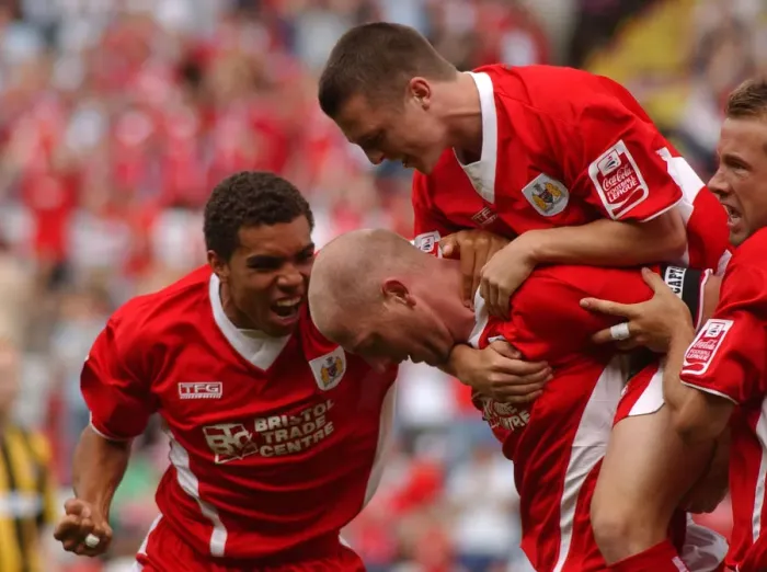 Framed Print : Bristol City Football Club: Unforgettable Moment of Triumph - Group Celebration (05-06 Season) Framed Print : Bristol City Football Club: Unforgettable Moment of Triumph - Group Celebration (05-06 Season)
