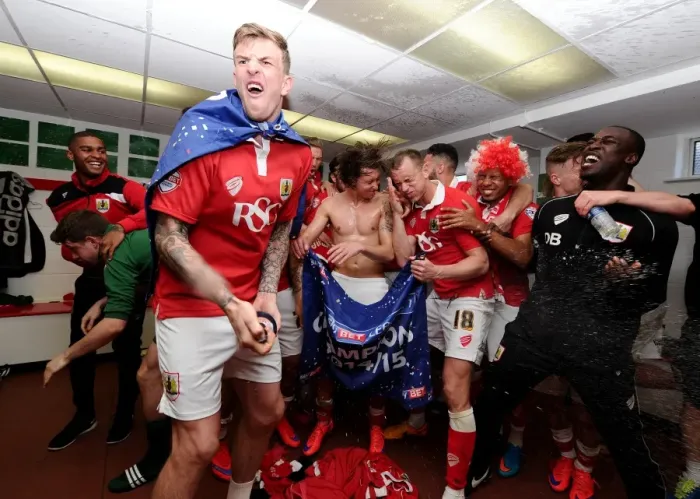 Framed Print : Bristol City Football Club: Unforgettable Moment of Triumph - League One Champions in the Chchanging Room Framed Print : Bristol City Football Club: Unforgettable Moment of Triumph - League One Champions in the Chchanging Room