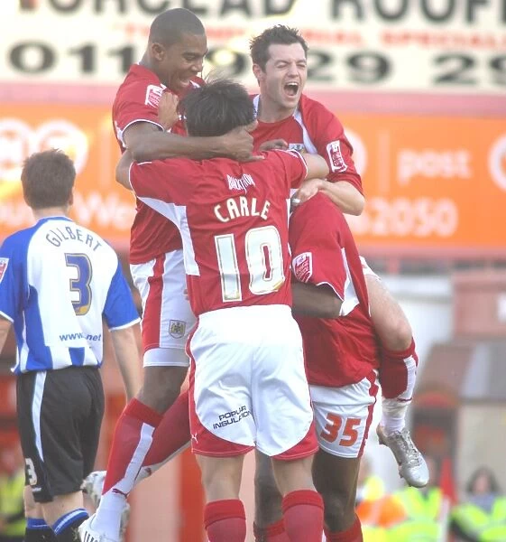 Bristol City Football Team in Euphoric Group Celebration After Win Against Sheffield Wednesday