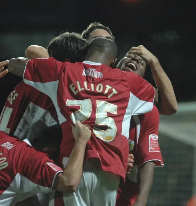 Framed Print : Bristol City Football Team in Triumphant Group Celebration After Win Against Watford