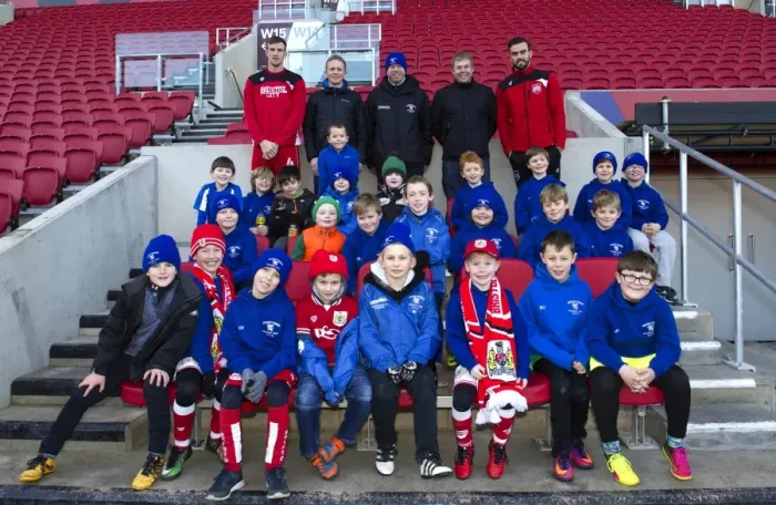 Framed Print : Bristol City Footballers Aden Flint and Marlon Pack with Winscombe JFC at Ashton Gate Framed Print : Bristol City Footballers Aden Flint and Marlon Pack with Winscombe JFC at Ashton Gate