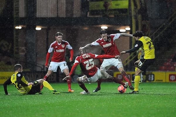 Bristol City Footballers Aden Flint and Marvin Elliott in Goalmouth Scramble during Watford vs Bristol City FA Cup Replay
