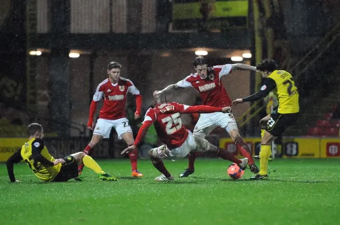 Framed Print : Bristol City Footballers Aden Flint and Marvin Elliott in Goalmouth Scramble during Watford vs Bristol City FA Cup Replay